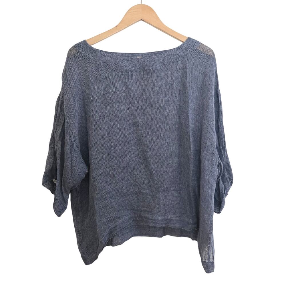 Pure Jill Blue Linen Gauze Boat Neck 3/4 Sleeve Top Size M
